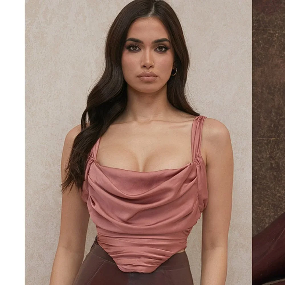 HOUSE OF CB 'Aella' Rose Satin Cowl Neck Draped Corset  NWOT - Picture 2 of 5